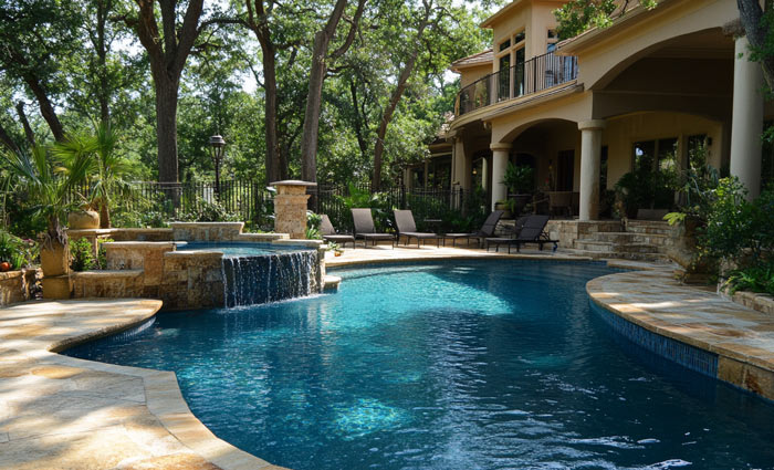 backyard inground pool behind estate house with waterfall