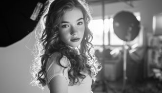 in studio portrait black and white of teen girl model