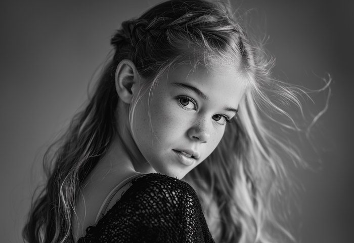 preteen girl posing for portrait with breeze blowing hair
