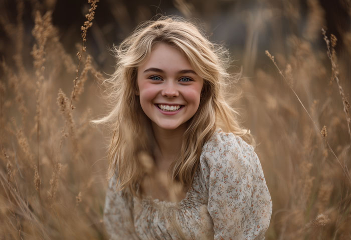 spunky blonde haired smiling girl posing for portrait in field