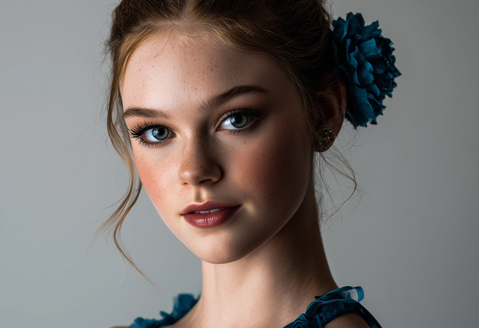 teen girl model with earrings and blue hair accessory