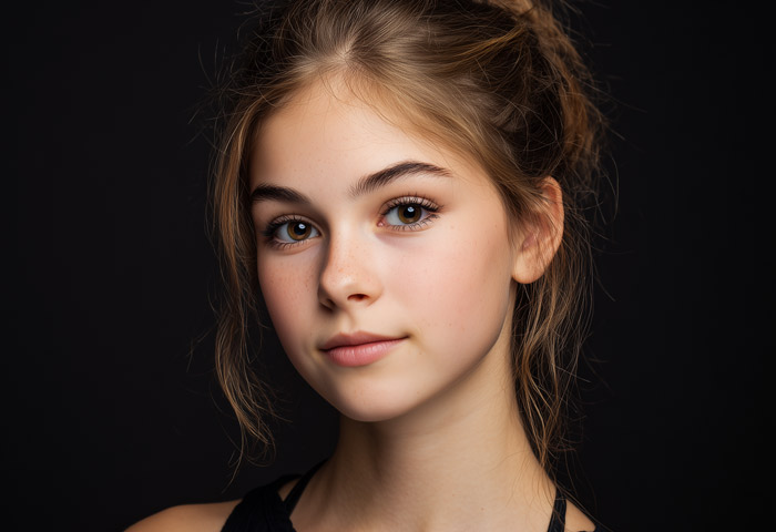 teen girl with brown hair and brown eyes casually smiling for portrait