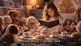 photo shoot concept idea with young girl reading storybook to her animals